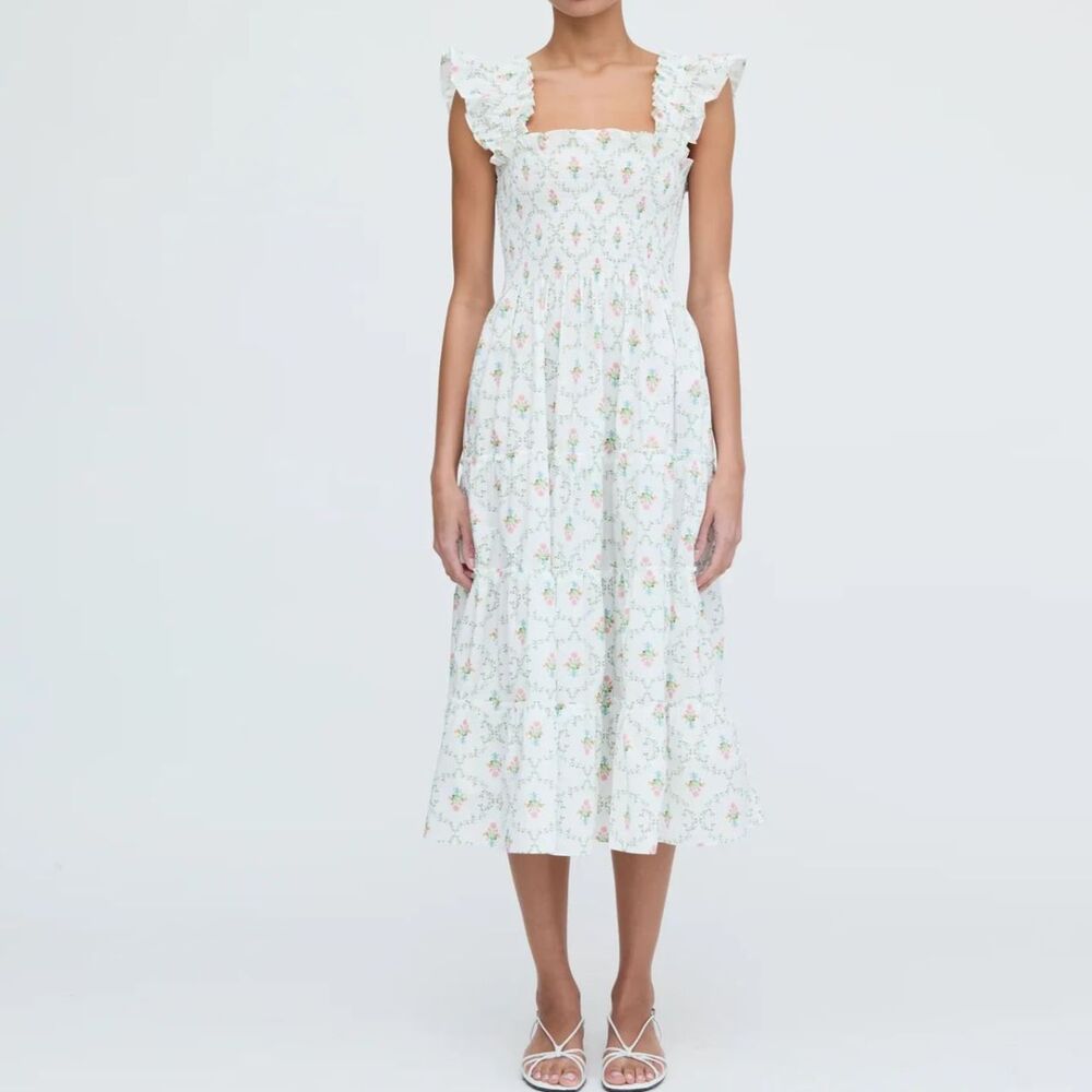 Hill House Home Ellie Nap Dress XS Pastel Trellis Floral Smocked Midi